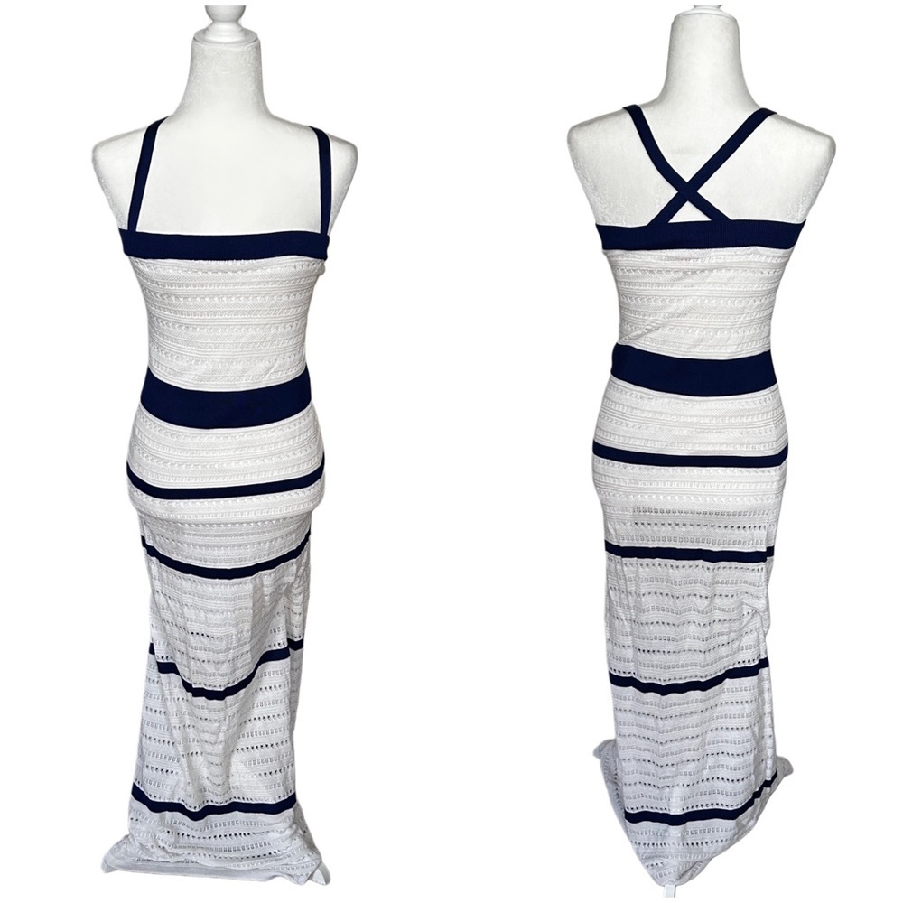 Victoria's Secret Navy Blue White Striped Knit Lace Maxi Dress Size Medium